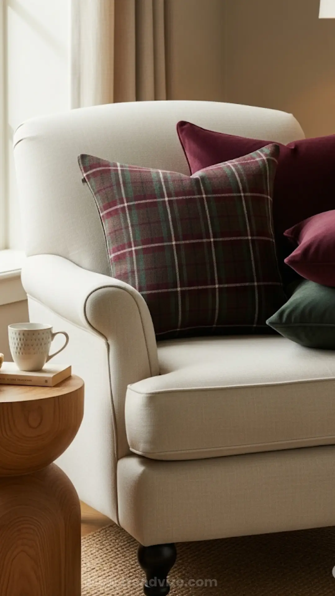 A cozy white armchair with a plaid cushion in burgundy and green, set against a warm, softly lit room. A wooden side table holds a mug, exuding comfort.