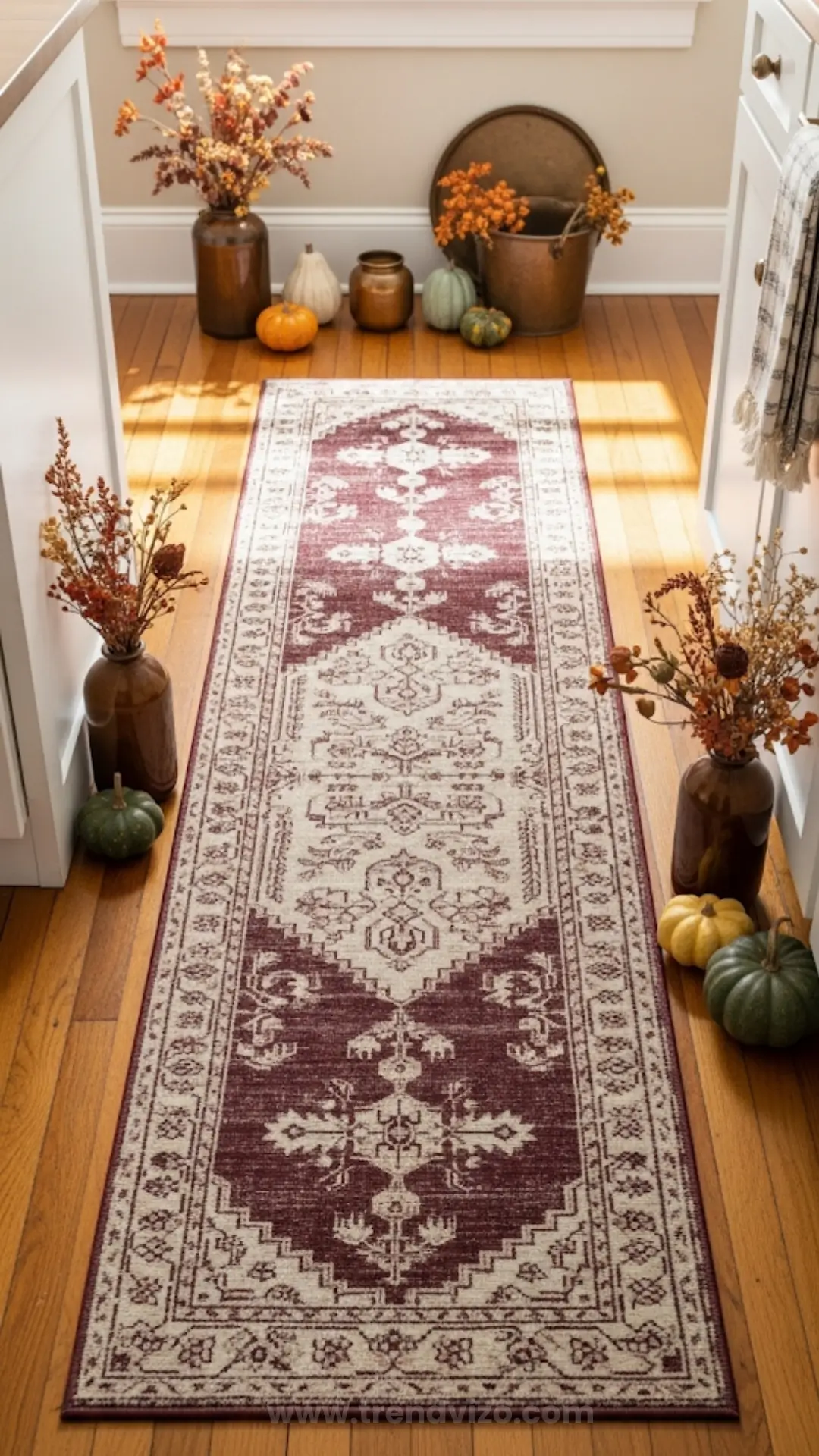 A kitchen hallway with a red and cream patterned rug surrounded by autumn decor. Pumpkins and dried foliage in vases create a warm, cozy atmosphere.