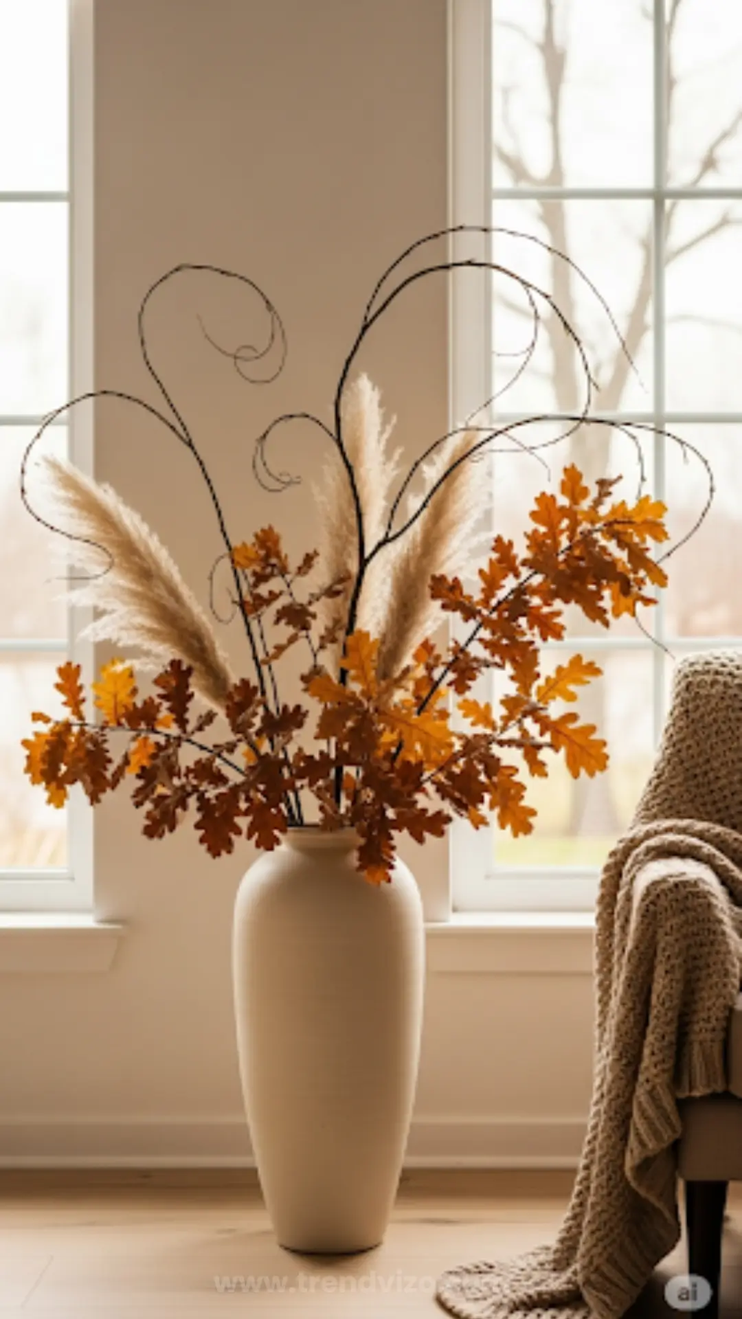 A tall beige vase holds pampas grass, orange oak leaves, and curly twigs, set in a bright room with large windows. A cozy blanket drapes nearby.