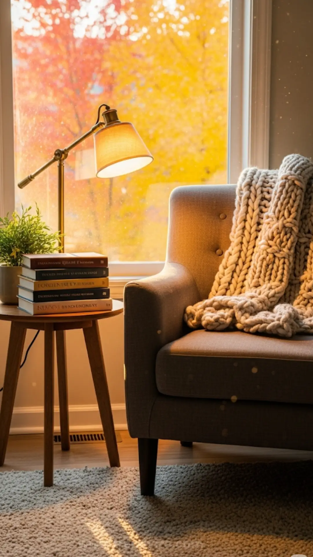 Cozy autumn scene with a gray armchair draped in a chunky knit blanket, a lit lamp on a side table with books and a plant, and vibrant fall foliage outside.