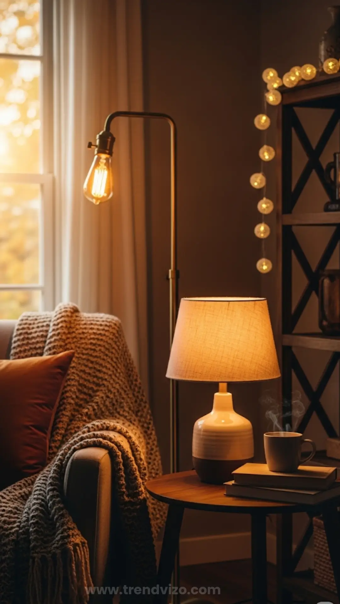 Cozy living room scene with warm lamp lighting, a knit blanket on an armchair, and a cup emitting steam on a side table. Soft, inviting ambiance.