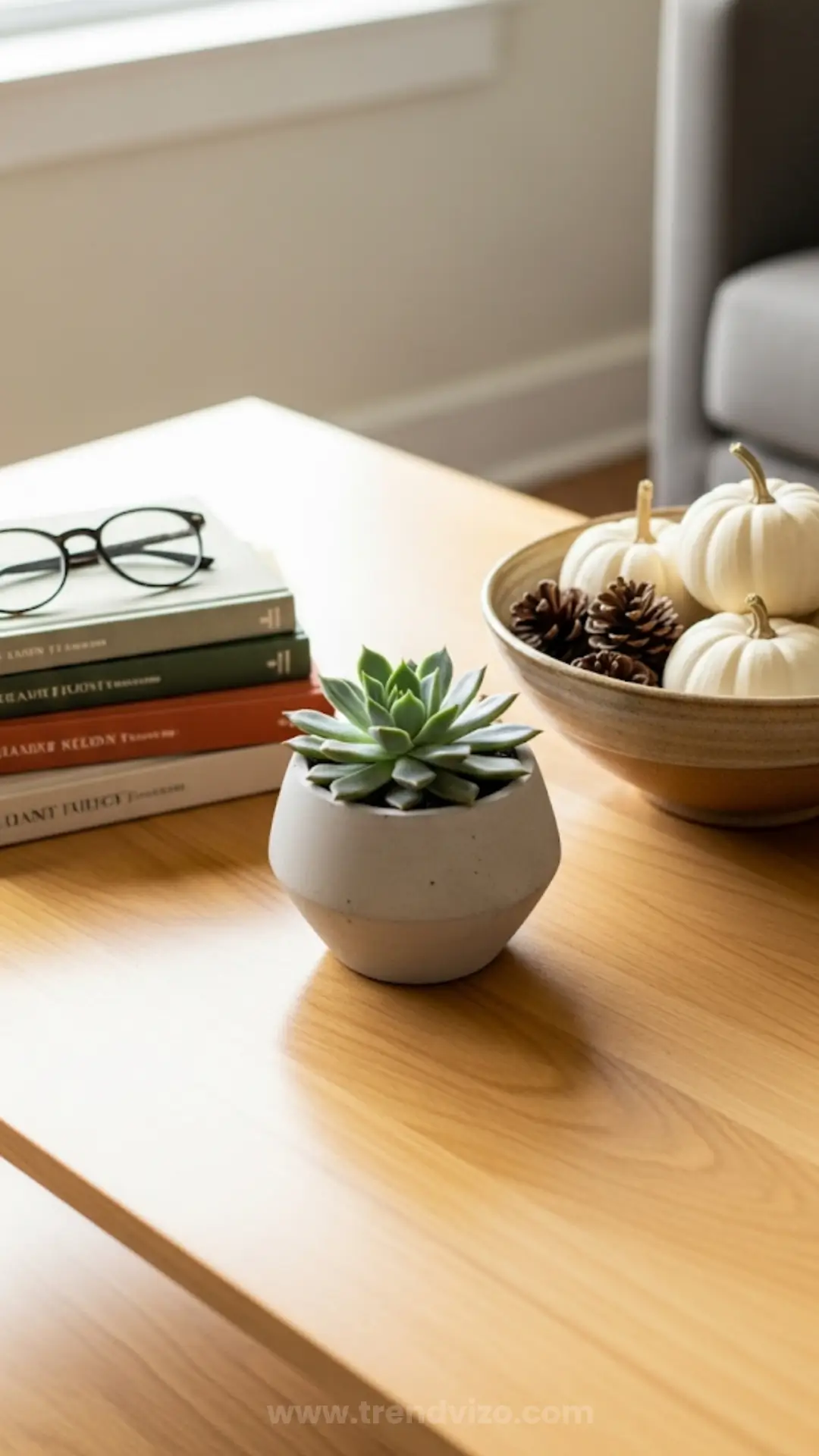 A cozy tabletop features a potted succulent, stacked books with glasses, and a bowl of white pumpkins and pinecones, creating an inviting autumn vibe.