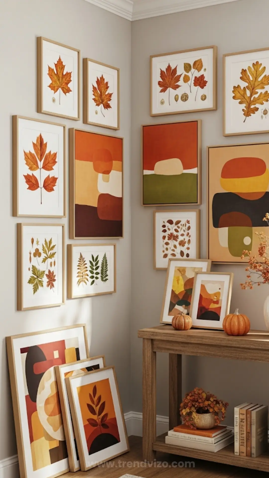 A cozy room corner with autumn-themed art on beige walls. Vibrant leaf prints in warm hues and abstract designs evoke a sense of fall warmth.