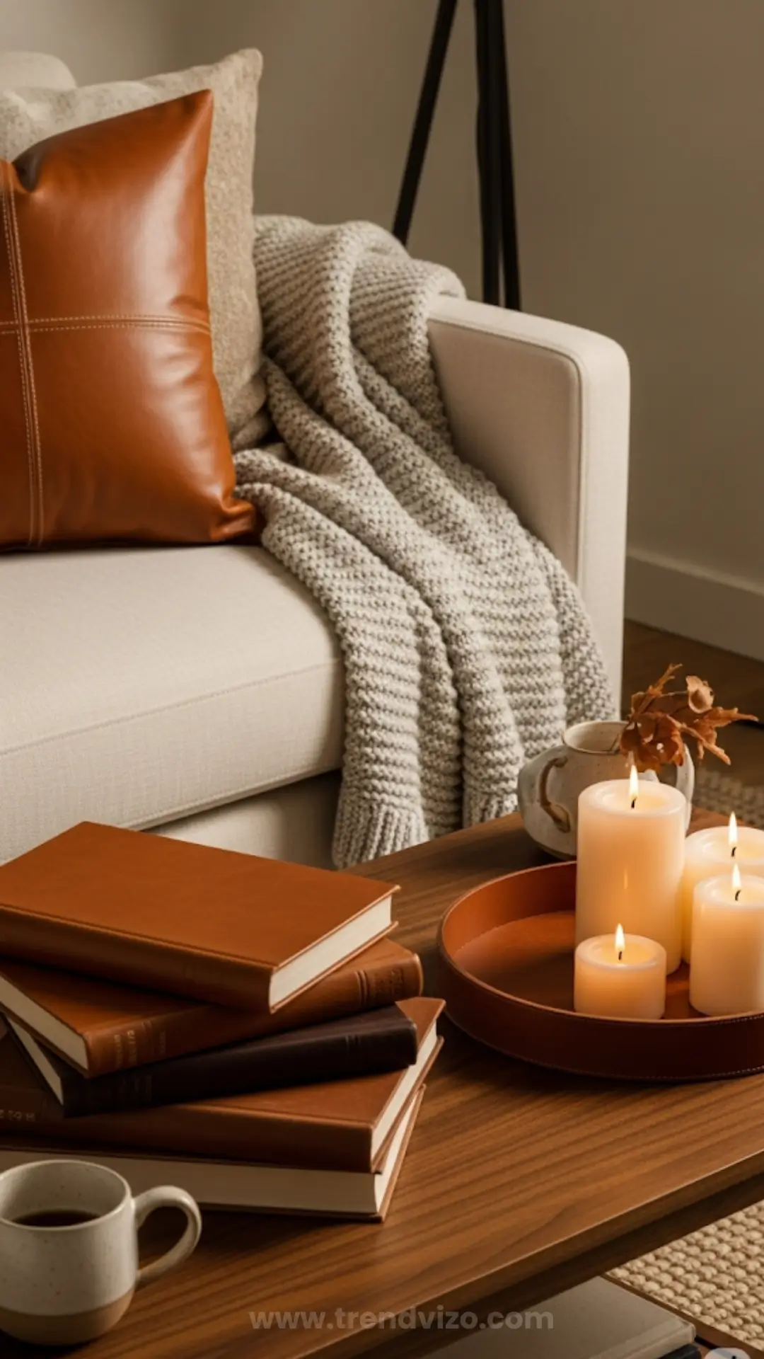 Cozy living room scene with a beige sofa adorned with a leather pillow and gray knit throw. Wooden table holds stacked books, lit candles, and a coffee cup, conveying warmth and relaxation.