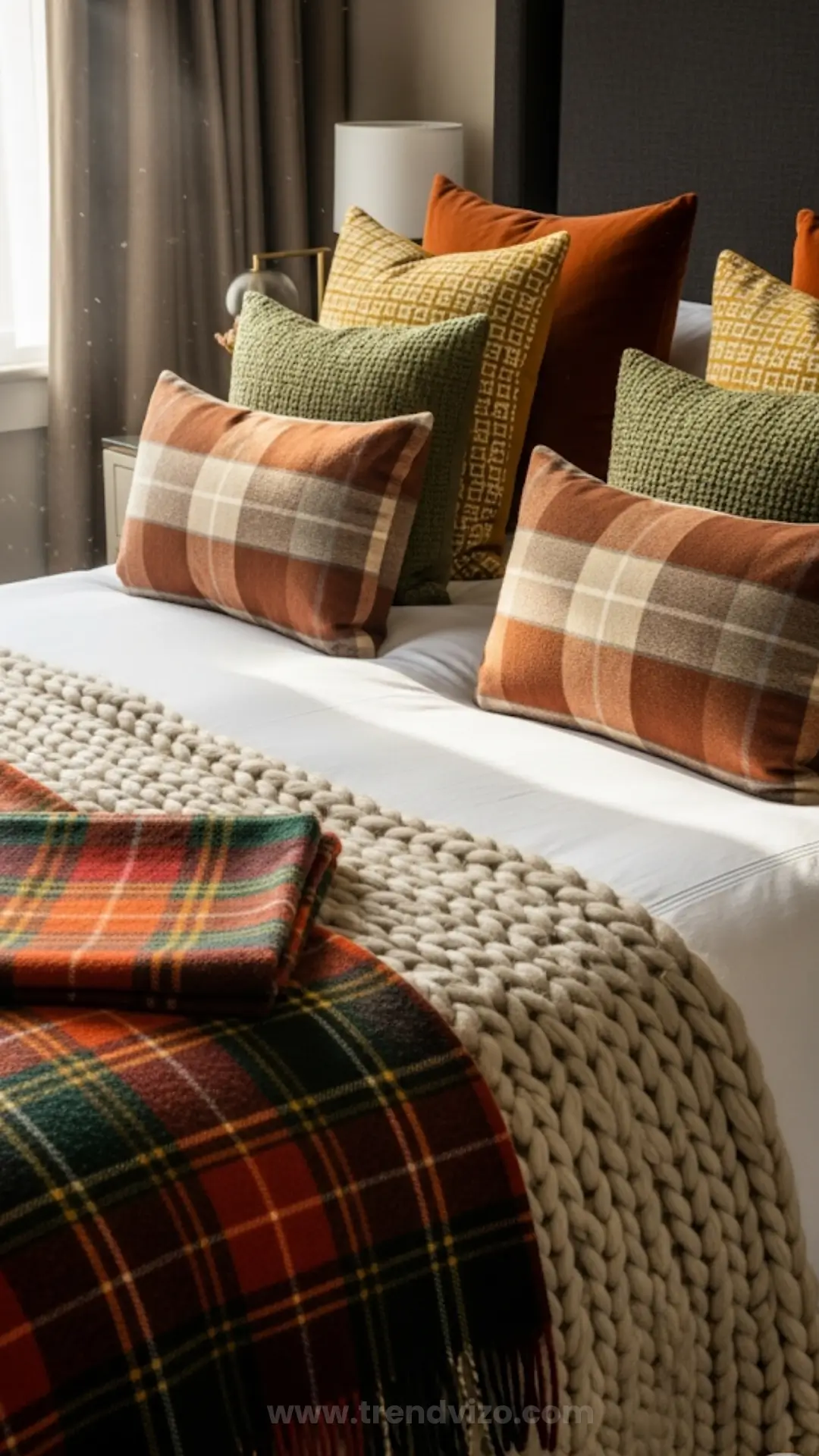 Cozy bedroom with plaid pillows and blanket in warm autumn tones. The bed is accented with a chunky knit throw, creating a welcoming atmosphere.