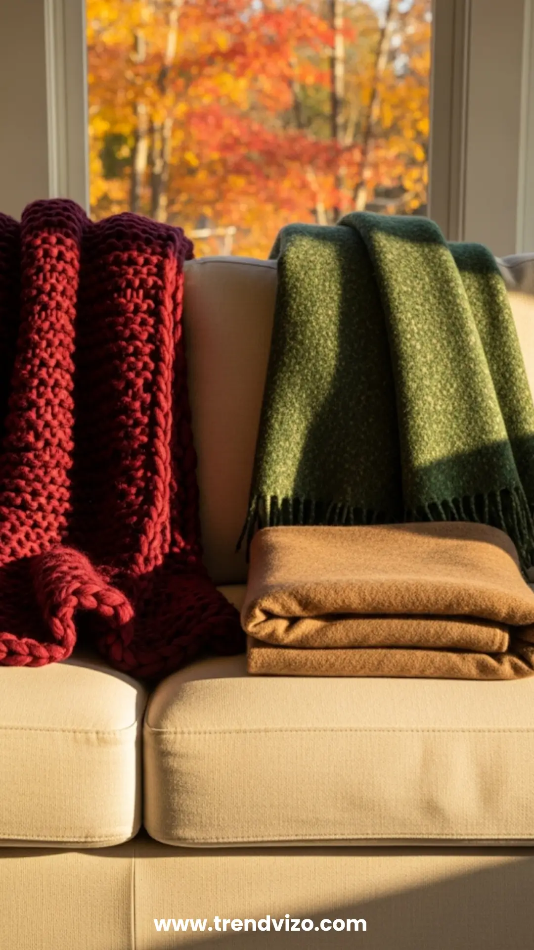 Cozy autumn scene with a cream sofa adorned with a red knit blanket, green throw, and folded brown blanket. Vibrant fall foliage visible through the window.