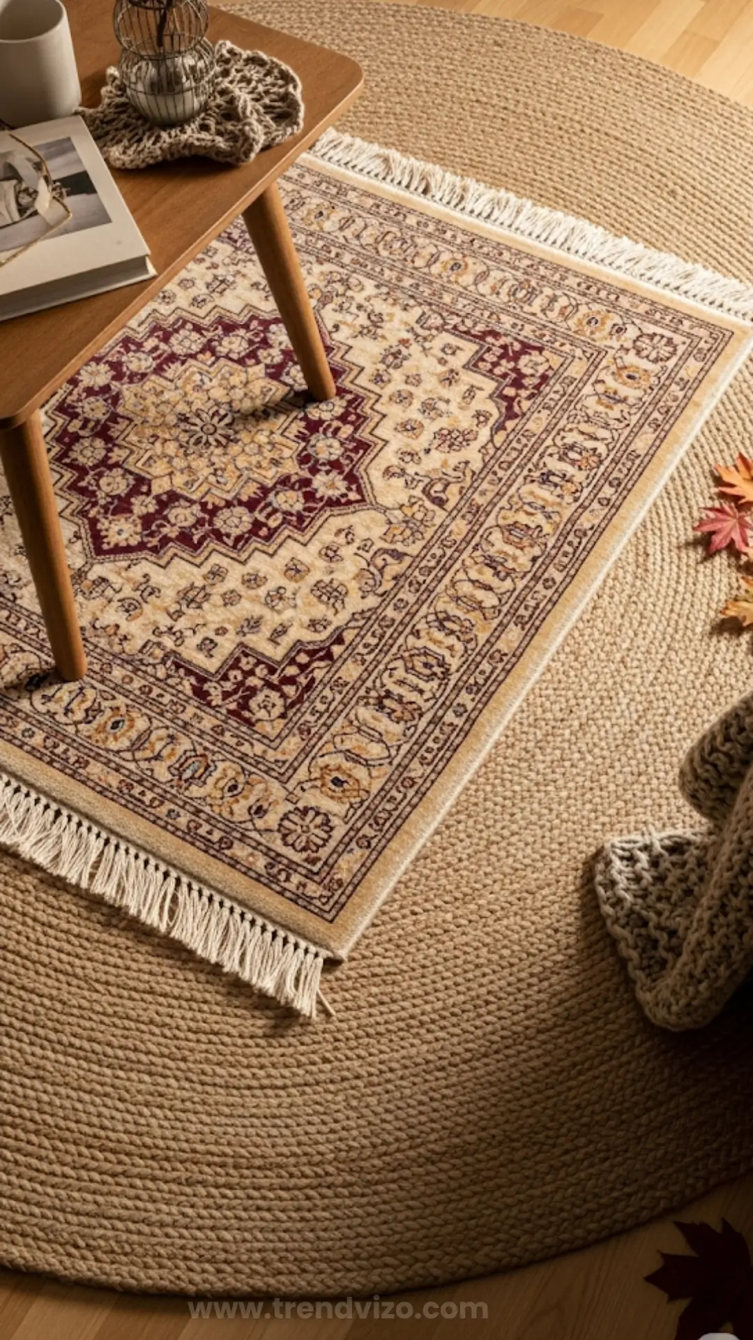 A cozy, autumn-themed living room with a round jute rug beneath an intricate patterned area rug. A wooden table holds books and a woven decoration.