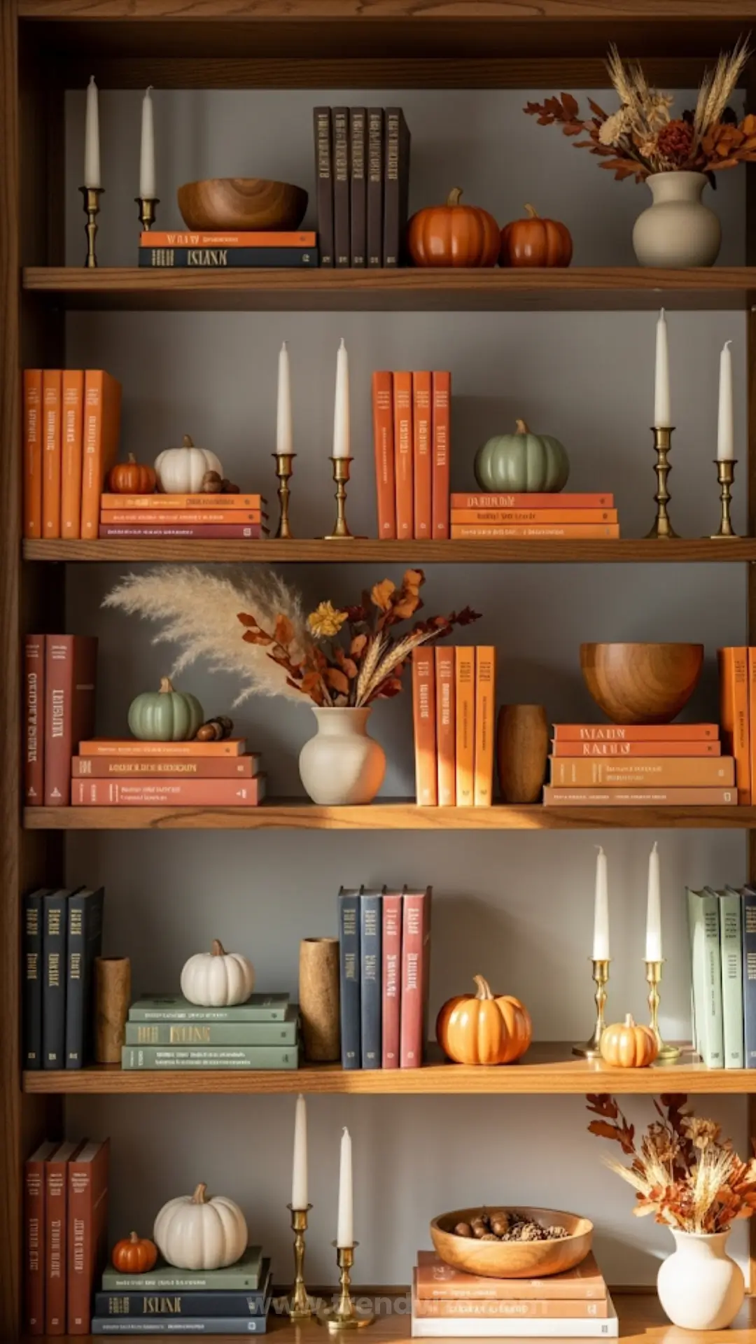 Wooden bookshelf with autumn decor: stacked books in orange and blue, small pumpkins, white candles in brass holders, and dried foliage in vases. Cozy and warm tone.