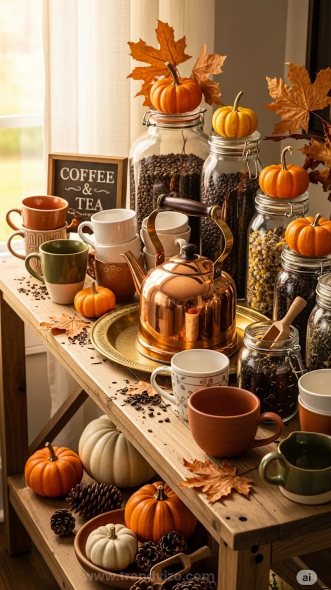 A cozy autumn-themed coffee and tea setup on a wooden table. It features a copper kettle, various mugs, jars of coffee beans, pumpkins, and fall leaves, creating a warm and inviting atmosphere.