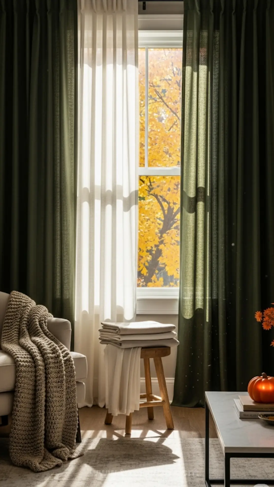 Cozy room with a window framed by dark green and sheer white curtains, revealing vibrant autumn foliage outside. A chair with a knitted blanket, a stool with folded linens, and a table with a small pumpkin and flowers create a warm, inviting atmosphere.