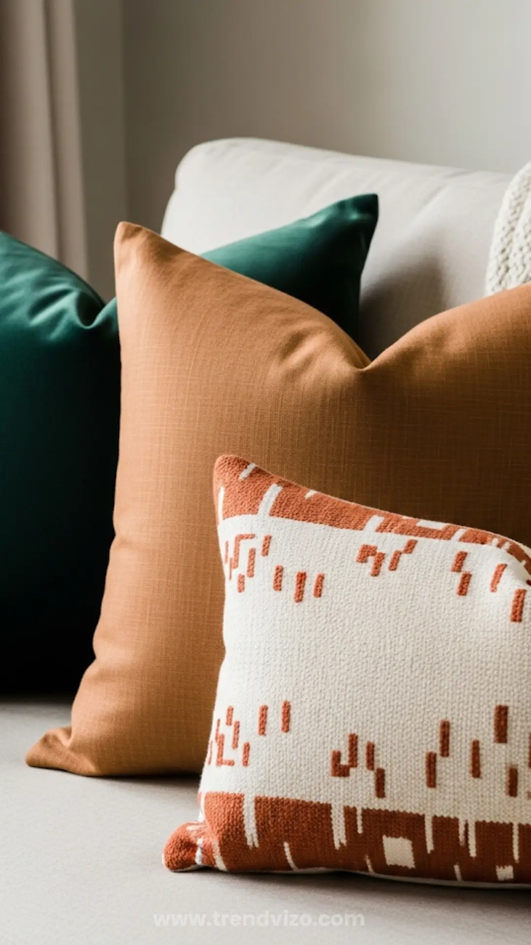 A cozy beige sofa with three decorative pillows: a rich green one, a warm orange one, and a patterned cream pillow with rust accents, conveying warmth.