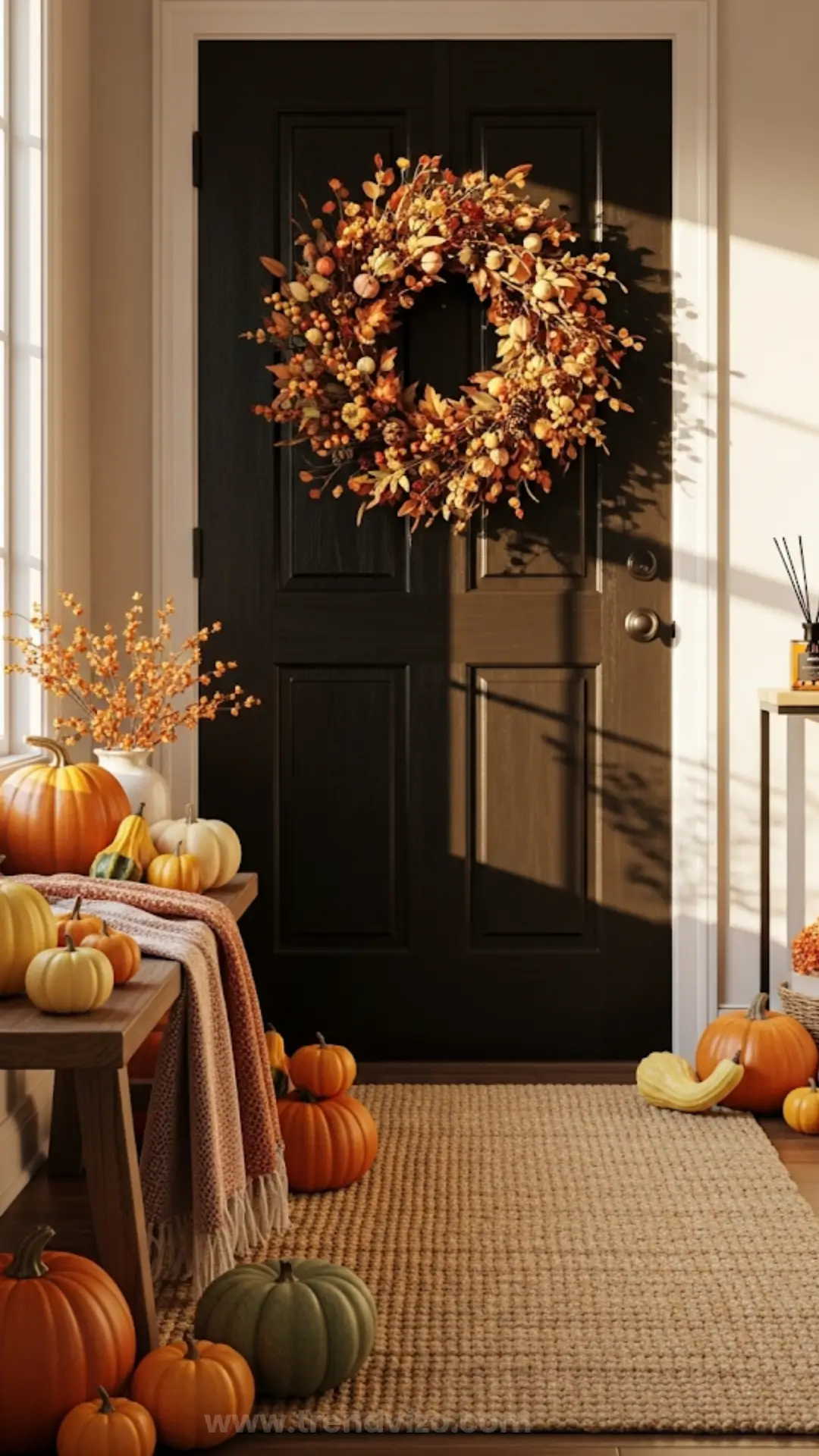 Cozy autumn entryway with a black door adorned by a fall wreath. Pumpkins and orange foliage decorate a bench, while sunlight casts warm shadows.
